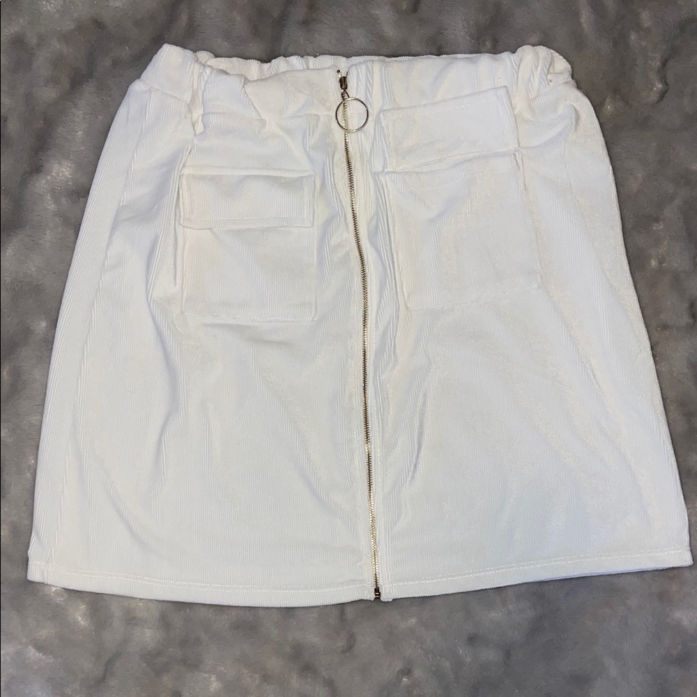 Marci White Ribbed Mini Skirt with Ring Zip & Utility Pockets
